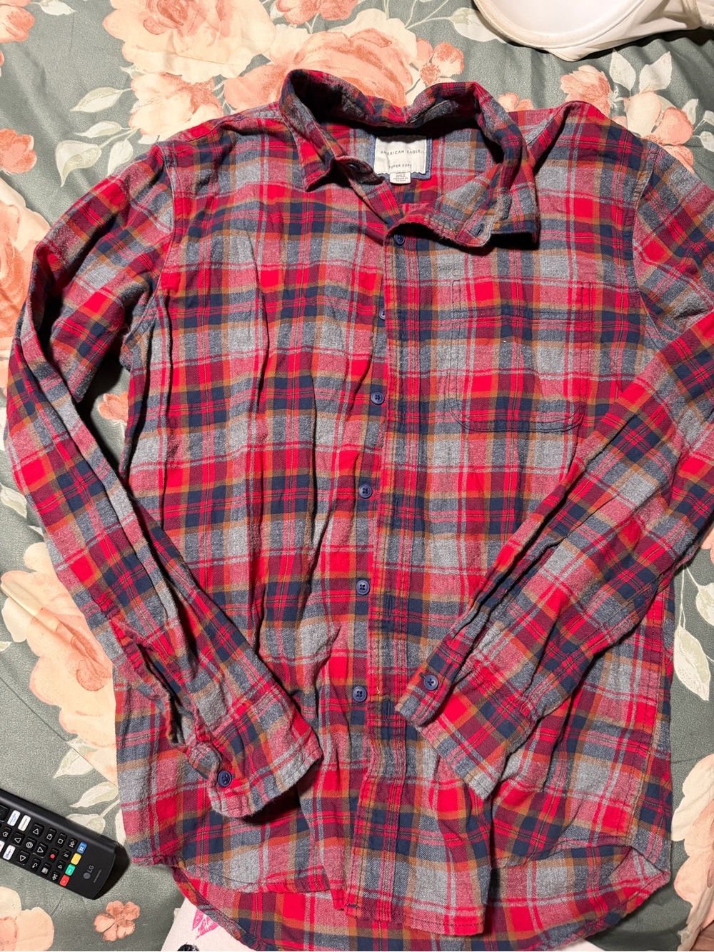 American Eagle Outfitters Red and Gray Plaid Flannel Button-Down Shirt